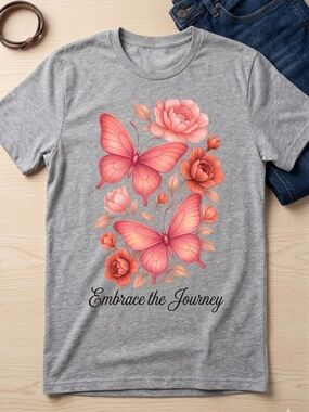 Girls' Grey Tee with Pink Butterfly Floral Print - Embrace the Journey